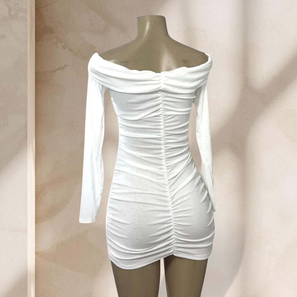 White Cutout Mini Dress – Off Shoulder Long Sleeve Ruched Bodycon Sexy Chic ✧ L - Picture 3 of 4